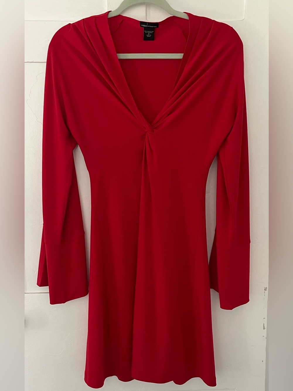 Moda International Red Long Sleeve Twist-Front V-Neck Midi Dress, Small
